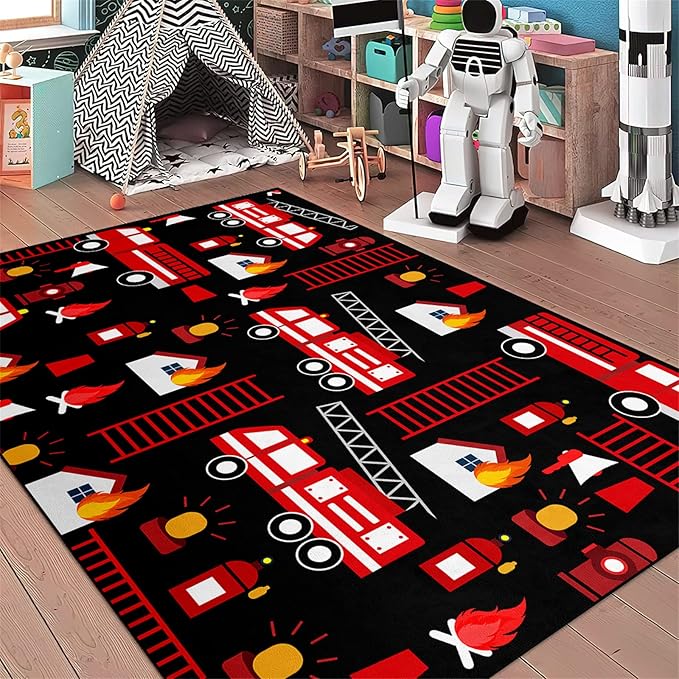 Car Play Rug Fire Fighting Truck Area Rug Car Rug Play Mat Kids Rugs for Playroomcar Rug for Boys Room Carpet Floor Mat for Bedroom Living Room,Black 5'×7' - LeafyLoom