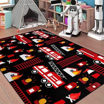 Car Play Rug Fire Fighting Truck Area Rug Car Rug Play Mat Kids Rugs for Playroomcar Rug for Boys Room Carpet Floor Mat for Bedroom Living Room,Black 5'×7' - LeafyLoom