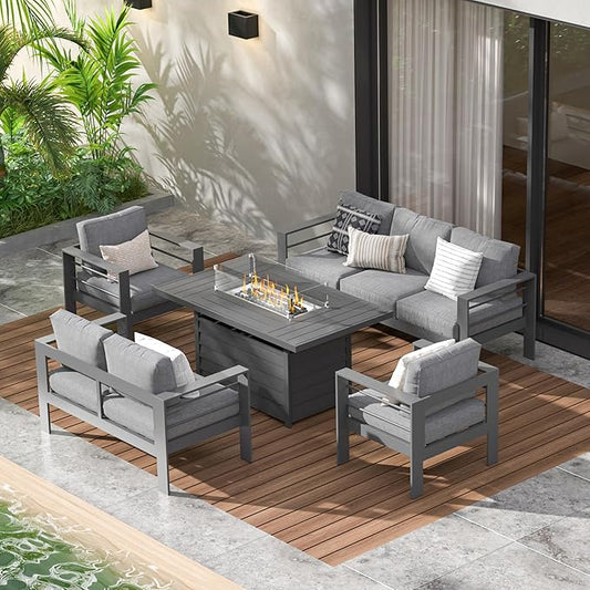 Wisteria Lane 5 Piece Aluminum Outdoor Patio Furniture Set with 54 Inch Propane Gas Fire Pit Table, Modern Patio Conversation Sets with Outdoor Sectional Couch for Backyard, Garden, Dark Grey - LeafyLoom