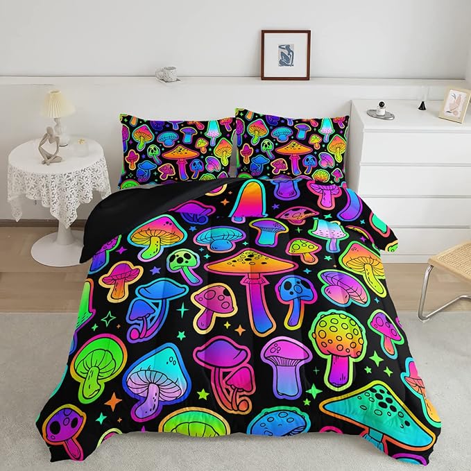 Mushroom Comforter Set Kids Bedding Set Full,3Pcs Colorful Soft Black Gradient Mushroom Quilt Set Bed in A Bag with 1 Comforter 2 Pillowcases for Kids Boys Girls Teens Adults Room Decor All Season - LeafyLoom