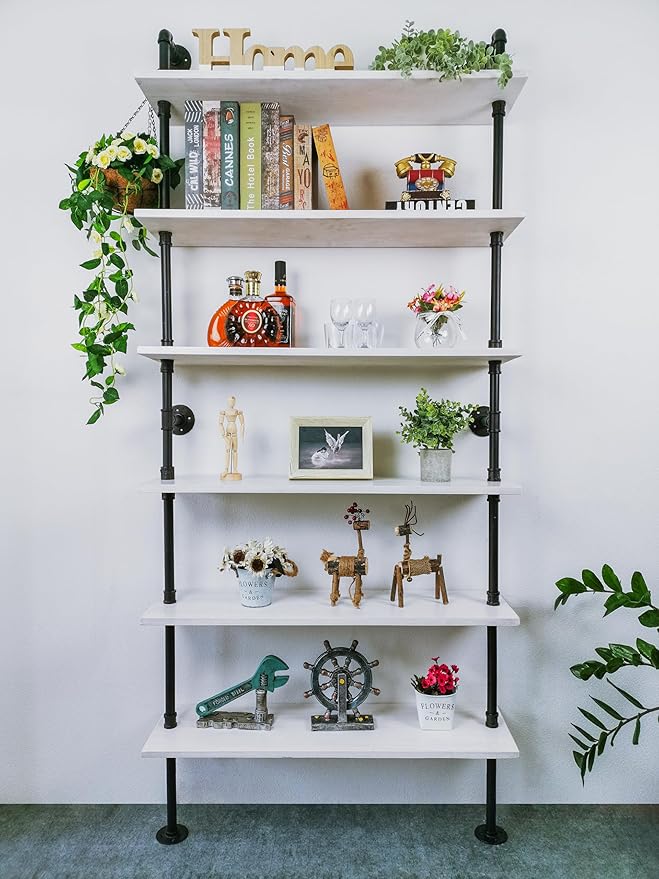 6 Tier Industrial Ladder Shelf Bookcase, Wall Mounted Rustic Bookshelf for Living Room Decor and Storage (White, 6 Tier - 10" D x 36" W x 82.5" H) - LeafyLoom