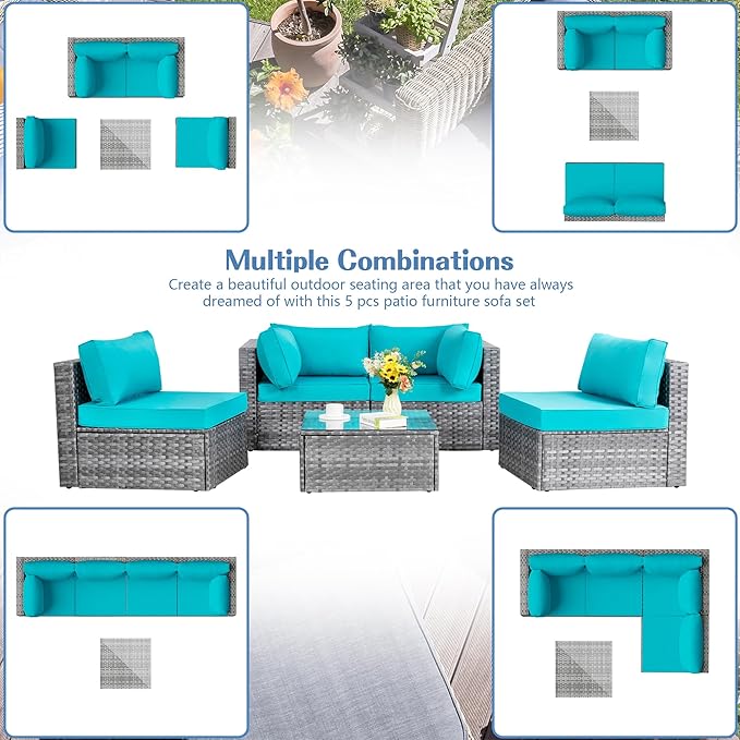 Shintenchi 5 Pieces Outdoor Patio Sectional Sofa Couch, Silver Gray PE Wicker Furniture Conversation Sets with Washable Cushions & Glass Coffee Table for Garden, Poolside, Backyard (Blue) - LeafyLoom