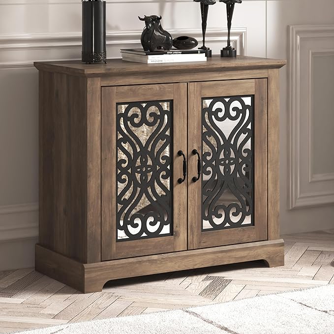 Galano Calidia 2 Door Sideboard, Kitchen Storage Sideboard Buffet Cabinet Console with Acrylic Mirror Doors & Adjustable Shelves, 15.67" D x 32.36" W x 29.29" H, Knotty Oak - LeafyLoom