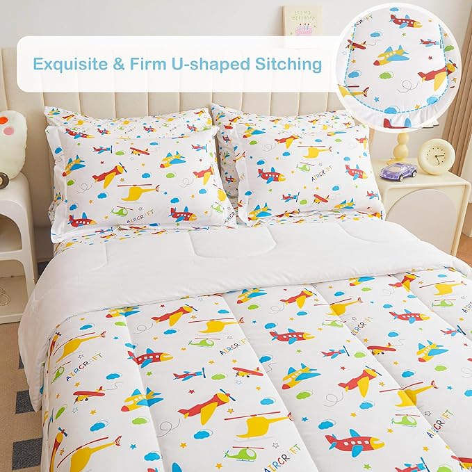 Mooreeke Bed in a Bag for Kids Boys Teens, 7 Pieces Full Size Aircraft Print Comforter Bed Set with Shams, Sheet Set, Airplane White Super Soft Microfiber Kids Comforter Bedding Set - LeafyLoom