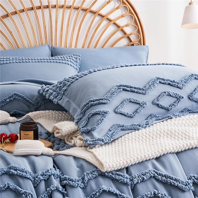 KAKIJUMN Blue Tufted Comforter Set Full Size 7 Piece Bed in a Bag, Shabby Chic Boho Comforter and Sheet Set, Pom Pom Textured Bed Set, All Season Soft Microfiber Complete Bedding Set(Blue,Full) - LeafyLoom