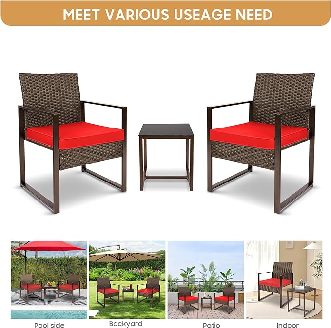 YIYAN 3 Pieces Outdoor Furniture Set Patio Rattan Wicker Chairs & teatable,Lawn Garden Balcony Backyard,with Washable Cushion (Red) - LeafyLoom