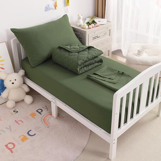 NTBAY Toddler Bedding Set - 4 Piece Soft and Breathable Crib Bedding Set for Boys and Girls, Includes Quilted Comforter, Fitted Sheet, Flat Top Sheet and Envelope Pillowcase, Olive Green - LeafyLoom