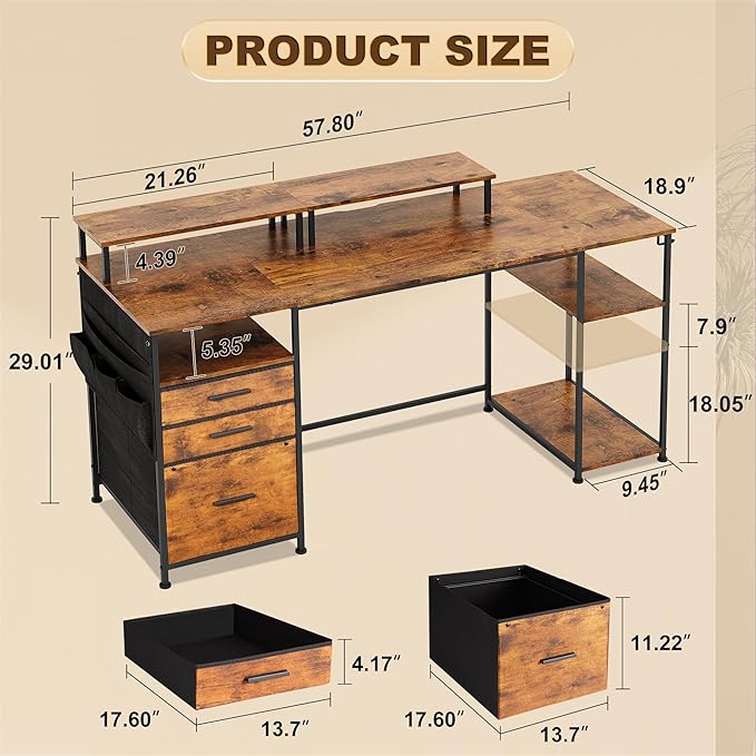 Computer Desk with 3 File Cabinet Drawers, 57.8'' Reversible Gaming Desk, Office Desk with Storage Shelves and Dual Monitor Stand for Home & Office (Rustic Brown) - LeafyLoom