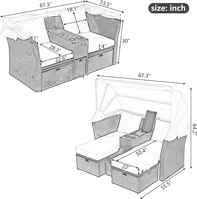 2-Seater Outdoor Patio Convertible Sunbed, All Weather Rattan Double Daybed Couch Foldable Awning, Cushions and Storage Boxes, Loveseat Sofa Set for Garden, Poolside, Balcony, Ab-Beige - LeafyLoom