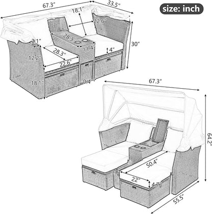 2-Seater Outdoor Patio Convertible Sunbed, All Weather Rattan Double Daybed Couch Foldable Awning, Cushions and Storage Boxes, Loveseat Sofa Set for Garden, Poolside, Balcony, Ab-Beige - LeafyLoom