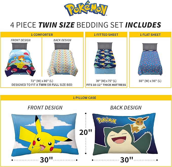 Franco Kids Bedding Super Soft Comforter and Sheet Set, 4 Piece Twin Size, Pokemon (Prints May vary) - LeafyLoom