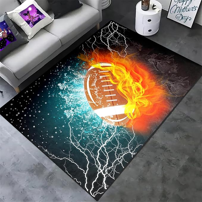 Football Rug Football Decor for Boys Bedroom Football Rug Water and Fire Cool Room Decoration Soccer Rug for Boys Room Football Printed Rug for Kids Room Playmat Rugs for Kids Room Living Room,3'×5' - LeafyLoom