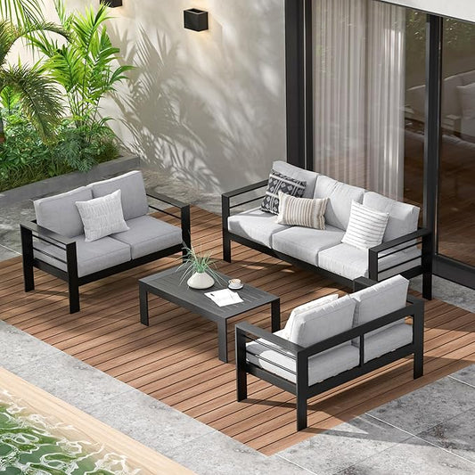 Wisteria Lane Aluminum Outdoor Patio Furniture Set, Modern Patio Conversation Sets, Outdoor Sectional Metal Sofa with 5 Inch Cushion and Coffee Table for Balcony, Garden, Black Frame & Gray Cushion - LeafyLoom