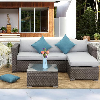 Wisteria Lane 2 Pieces Patio Furniture Sets, Outdoor Sectional Furniture with Armless Sofa, Tempered Glass Table and Cushion, Patio Conversation Sets for Garden Backyard, Grey - LeafyLoom