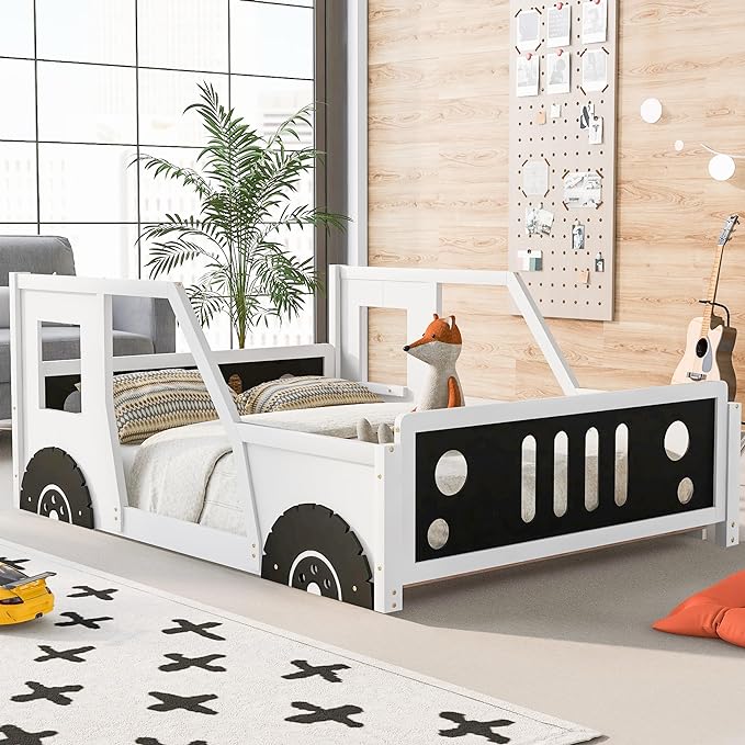 Full Size Classic Car-Shaped Platform Bed with Wheels,Wooden Floor Bedframe W/Door Design,Fun Play Toy Car Furniture for Boys Kids Toddlers Child's Bedroom,White - LeafyLoom