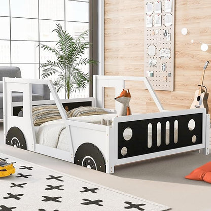 Full Size Classic Car-Shaped Platform Bed with Wheels,Wooden Floor Bedframe W/Door Design,Fun Play Toy Car Furniture for Boys Kids Toddlers Child's Bedroom,White - LeafyLoom