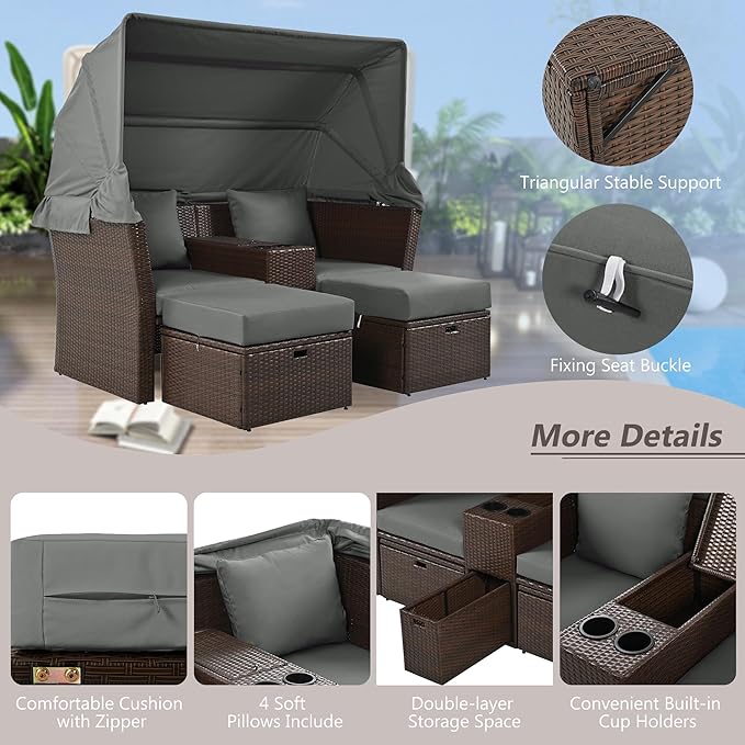 2-Seater Outdoor Patio Convertible Sunbed, All Weather Rattan Double Daybed Couch Foldable Awning, Cushions and Storage Boxes, Loveseat Sofa Set for Garden, Poolside, Balcony, Ab-Aa-Grey - LeafyLoom