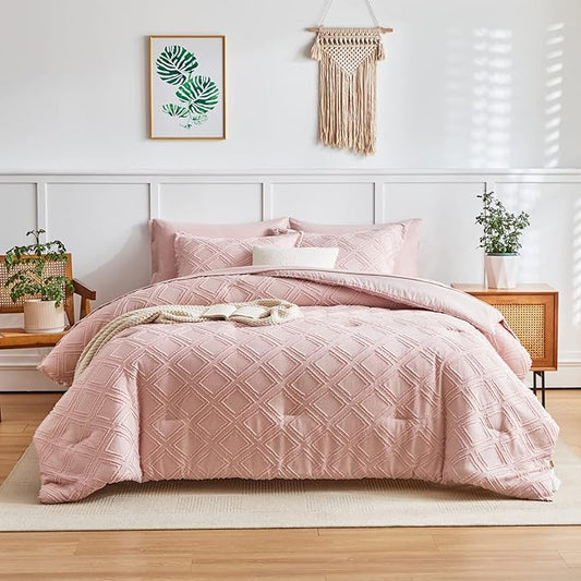 7 Pieces Tufted Bed in a Bag King Comforter Set with Sheets Blush, Soft and Embroidery Shabby Chic Boho Bohemian, Luxury Solid Color with Diamond Pattern, Jacquard Tufts Bedding Set for All Season - LeafyLoom