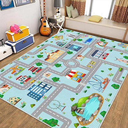 Kids Car Rug, 5' 3" x8' City Life Traffic Road Playmat for Toy Cars Trains, Non-Slip Race Track Carpet Educational Fun Area Rugs for Boy and Girl Bedroom Nursery - LeafyLoom