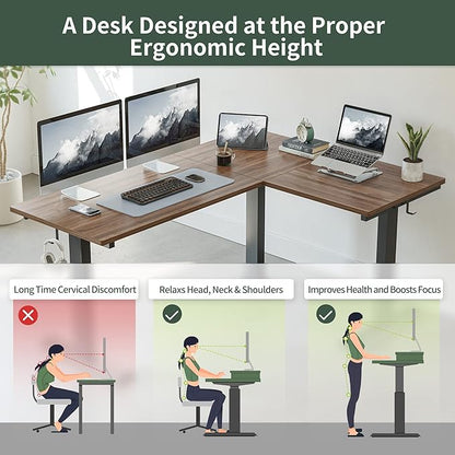 FEZIBO Triple Motor L-Shaped Electric Standing Desk, 75 Inches Height Adjustable Stand up Corner Desk, Sit Stand Workstation with Splice Board, Black Frame/Black Walnut Top - LeafyLoom