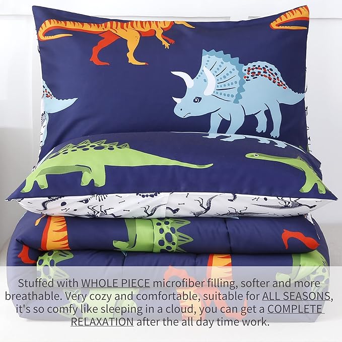 RYNGHIPY Cartoon Dinosaur Comforter Set, Dark Blue Dinosaur Kids Bedding Set for Boys, Dinosaurs Print Comforter Sets for Kids/Toddlers/Teens (Dinosaur,Full) - LeafyLoom