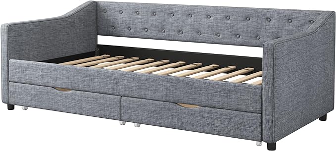 Twin Size Upholstered Daybed with 2 Drawers,Wood Sofa Bed Frame W/Button Tufted Backrest and Waved Shape Arms,Slats Support,Linen Fabric Day Bed,for Bedroom,Living Room,Apartment,Light Gray - LeafyLoom