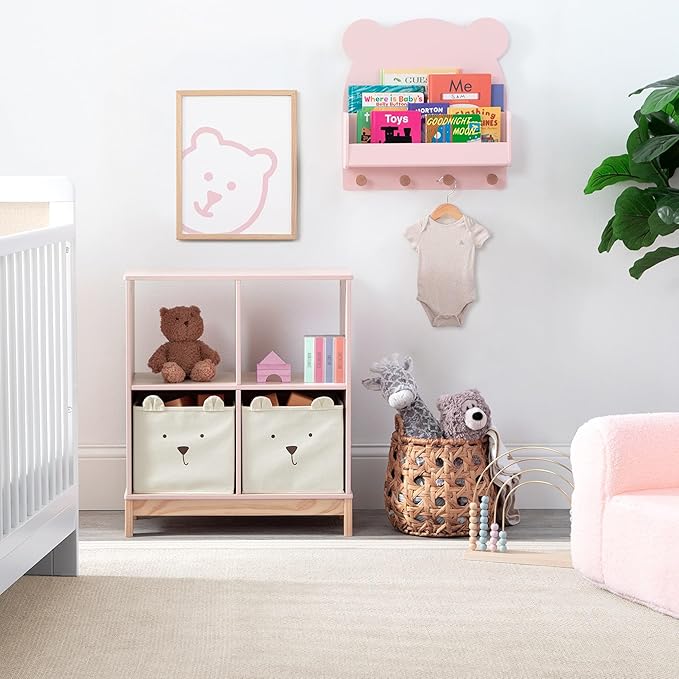 Delta Children babyGap Graham 4-in-1 Convertible Crib with Storage Drawer + Brannan Bear Bookcase with Bins + Brannan Bear Wall Shelf with 4 Hooks, Blush Pink/Dark Pink (Bundle) - LeafyLoom