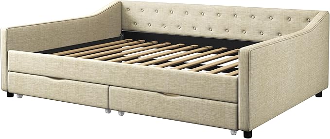 Full Size Daybed with Drawers, Linen Upholstered Tufted Sofa Bed Frame with Button on Back, Waved Shape Arms, Wooden Slats Support, Space-Saving for Apartment,Bedroom - LeafyLoom