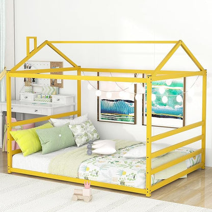 Queen Size Metal Floor Bed for Kids,Montessori Floor Bed with Roof,House Bed Frame for Boys Girls,Metal House Shape Platform Bed,Gold - LeafyLoom