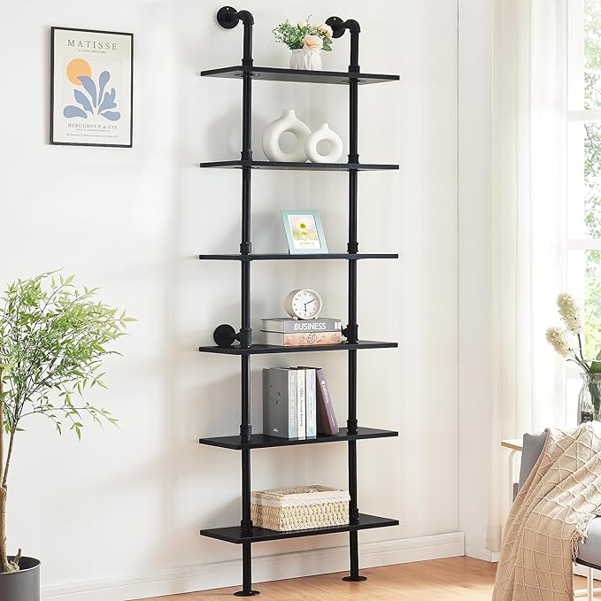 HOMBAZAAR Industrial Bookshelf, 6-Tier Industrial Pipe Bookshelf, Wall Mounted Ladder Shelf with Metal Frame for Home Office, Living Room, Black - LeafyLoom