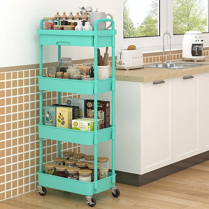 4-Tier Rolling Cart，Trolley with Drawer, Kitchen Storage Organizer with Plastic Shelf & Metal Wheels, Storage Cart for Living Room, Kitchen, Office, Bathroom, Green - LeafyLoom