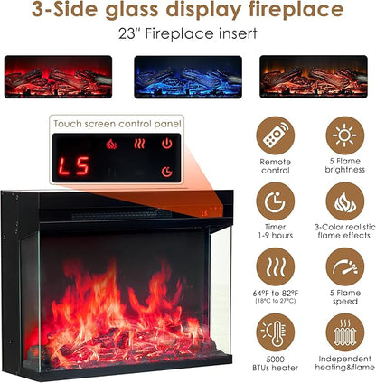 3-Side Glass Fireplace TV Stand for TVs up to 65'', Electric Fireplace TV Stand with Rattan Cabinet, Entertainment Center with Fireplace, Boho, Natural - LeafyLoom