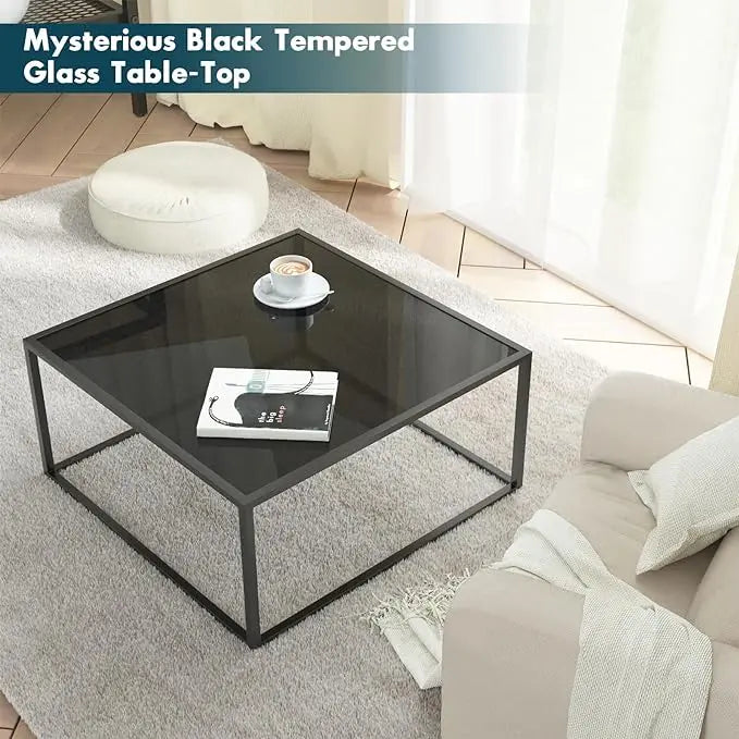 SAYGOER Black Glass Coffee Table Small Modern Coffee Tables 26.7in Square Tempered Glass-Top Accent Center Table for Living Room Home Office with Black Metal Frame Easy Assembly - LeafyLoom