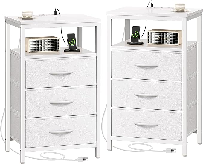 Nightstands Set of 2, 27.6 Inch End Tables with Charging Station, Side Tables with Drawers, PU Leather Finish, Bedside Tables with USB Port and Outlet, Night Stands for Bedroom, white - LeafyLoom