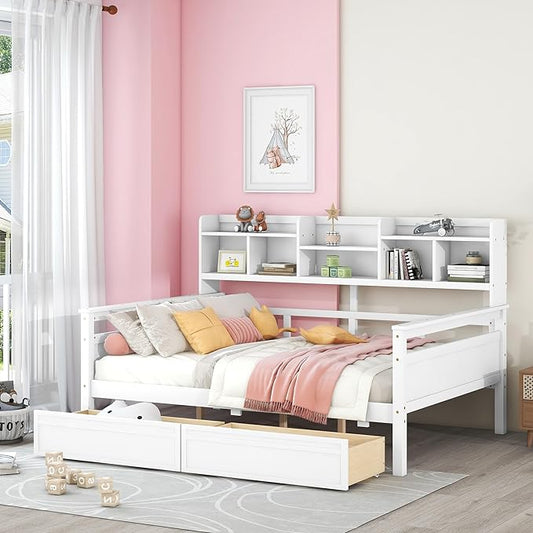 Merax Full Wood Daybed with Bedside Shelves and Two Drawers Sofa Bed Frame for kids Boys Girls/No Box Spring Needed White - LeafyLoom