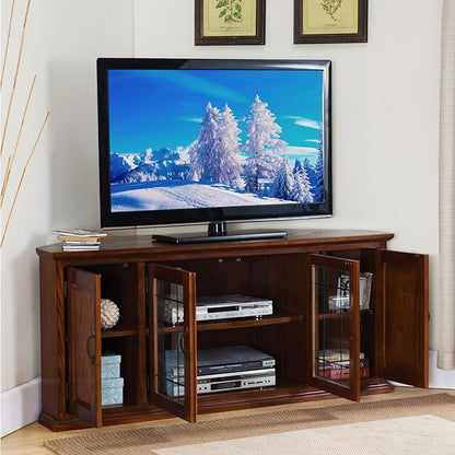 Leick Home Leaded Glass Corner Stand with Enclosed Storage for 60" TV's, Burnished Oak - LeafyLoom