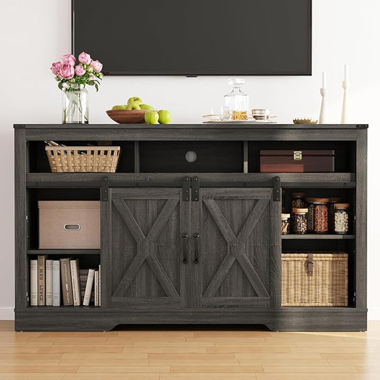 Farmhouse TV Stand for 23" Fireplace, 34'' Tall Entertainment Center for 65+ Inch TV, Rustic TV Console with Sliding Bar Door for Living Room (Dark Grey) - LeafyLoom