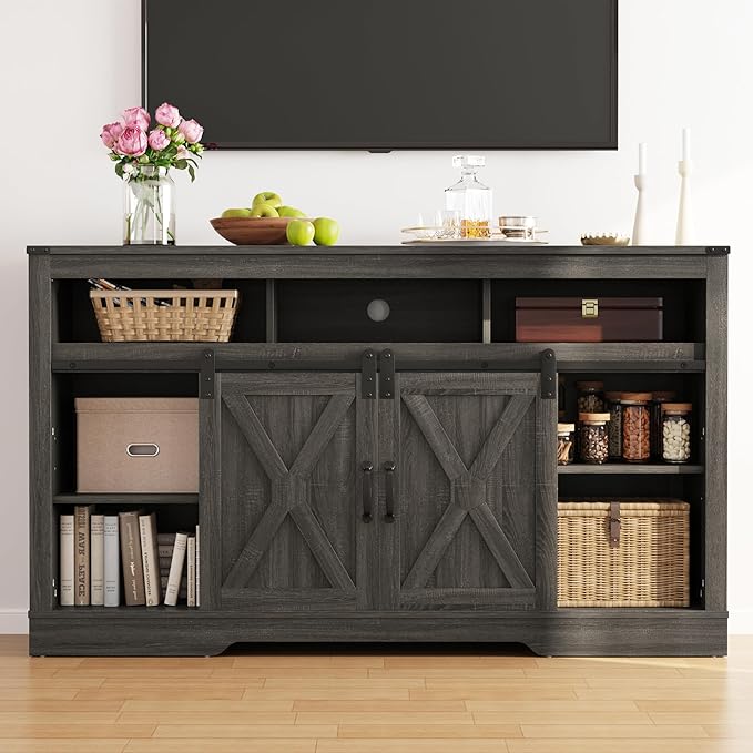 Fireplace TV Stand for 65+ Inch TV, Farmhouse Entertainment Center with 23" Electric Fireplace with Remote, Modern Rustic TV Console with Sliding Bar Door for Living Room,Dark Grey - LeafyLoom