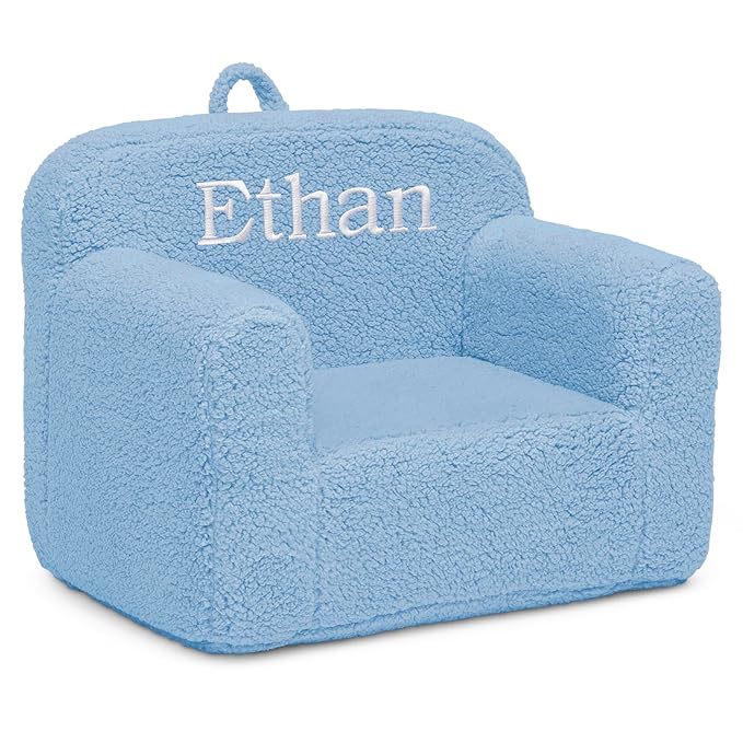 Delta Children Personalized Sherpa Cozee Chair - Customize with Name – Foam Kids Chair for Ages 18 Months and Up, Powder Blue - LeafyLoom