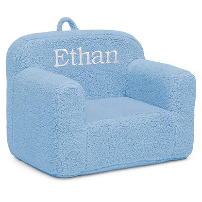 Delta Children Personalized Sherpa Cozee Chair - Customize with Name – Foam Kids Chair for Ages 18 Months and Up, Powder Blue - LeafyLoom