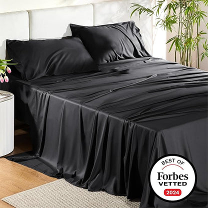 Bedsure Full Size Sheets, Cooling Sheets Full, Rayon Derived from Bamboo, Deep Pocket Up to 16", Breathable & Soft Bed Sheets, Hotel Luxury Silky Bedding Sheets & Pillowcases, Black - LeafyLoom