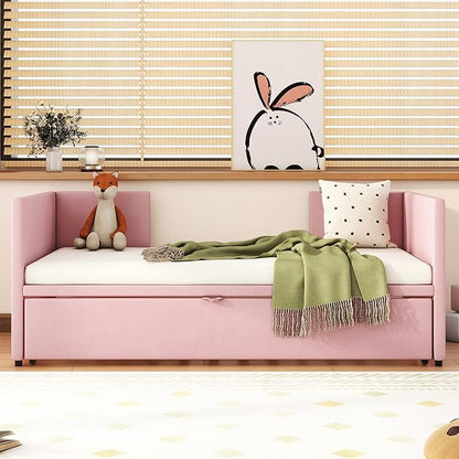 Bellemave Twin Size Upholstered Daybed with Pop up Trundle,Velvet Twin Daybed Frame,Twin to King Daybed,Day bed with Trundle Bed Twin,Tufted Sofa Bed Daybed,Bedroom,Living Room,Guest Room(Pink) - LeafyLoom