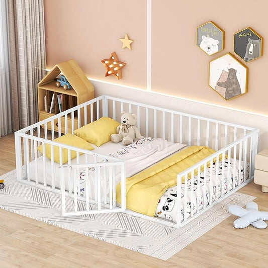 RITSU Queen Size Metal Floor Fence Bed, Montessori Bedframe, with Safety Guardrail and Door, for Children Bedroom, Boys Girls, Apartment, Strong & Durable, Easy to Assemble, White - LeafyLoom