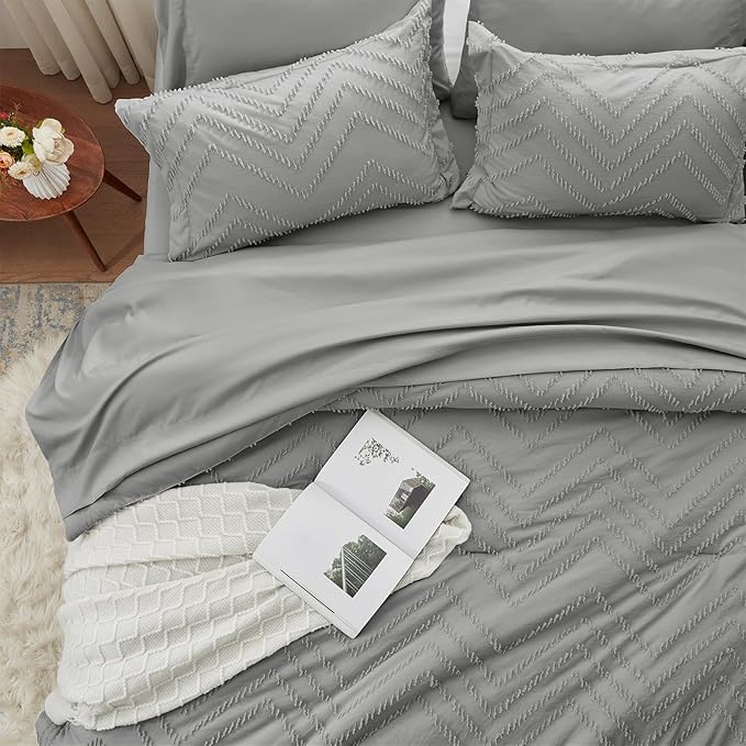 Anluoer Full Comforter Set, Grey Tufted Bed in a Bag 7 Pieces with comforters and sheets, All Season Bedding Sets with 1 Comforter, 2 PillowShams, 2 Pillowcases, 1 Flat Sheet, 1 Fitted Sheet - LeafyLoom