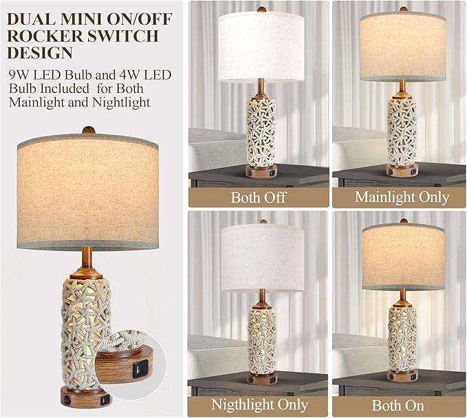 Coastal Nautical Lamp Farmhouse Table Lamps for Living Room Bedroom， Bedside Lamp with Dual USB Port，26.5'' Tall Nightstand Lamps(2 Bulb Included) - LeafyLoom