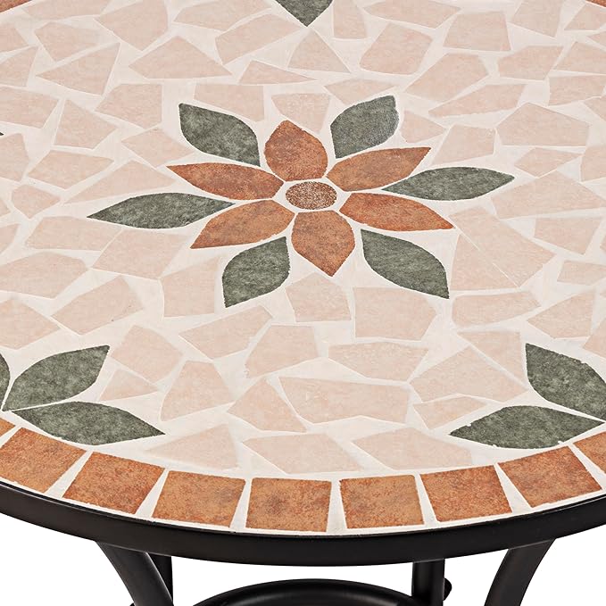 Alpine Corporation Indoor/Outdoor 3-Piece Mosaic Bistro Set Folding Table and Chairs Patio Seating, Tan - LeafyLoom