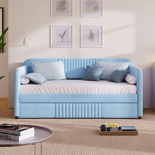 Upholstered Twin Size Daybed with Trundle, Backrest and Armrests, Modern Velvet Day Bed Frame for Bedroom Guestroom Living Room, Wood Slats Support, Light Blue - LeafyLoom