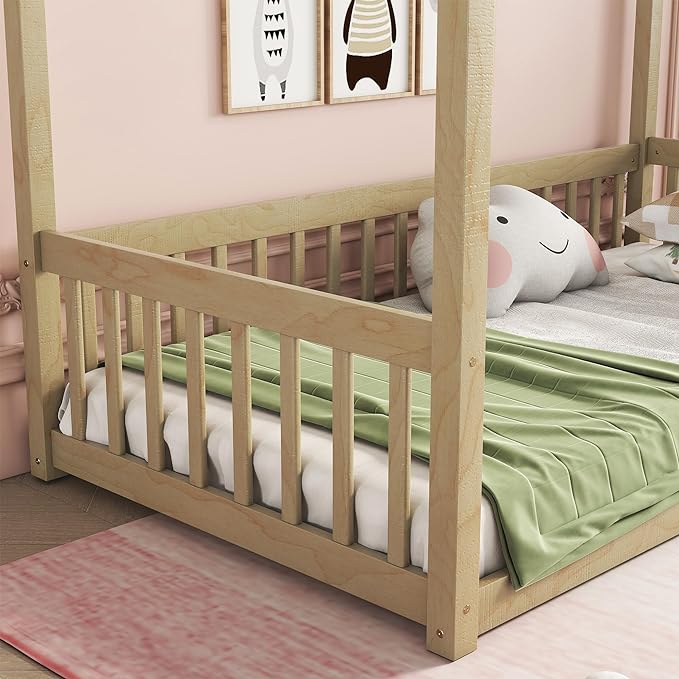 Twin Size Canopy Bed Frame with Guardrails for Kids,Floor Bed Twin with Four Poster Design,Kids Montessori Floor Bed,Wood Canopy Bed Frame for Girls,Boys(Twin,Natural) - LeafyLoom