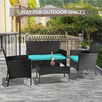 FDW Patio Furniture Set 4 Pieces Outdoor Rattan Chair Wicker Sofa Garden Conversation Bistro Sets for Yard,Pool or Backyard,Blue Cushions - LeafyLoom