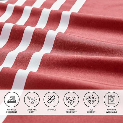 Comfort Spaces Queen Comforter Sets with Sheets - Bed in a Bag 9 Pieces Teen Bedding Sets Queen, Red and Grey Stripes Bedding Queen, College Queen Bed Set with 2 Side Pockets Bedroom Organizer - LeafyLoom